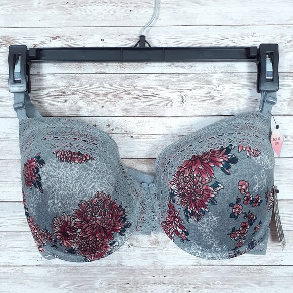XOXO Womens Padded Push Up Bra 38DD Floral Gray Pink Lace Edge 22A - Picture 1 of 4